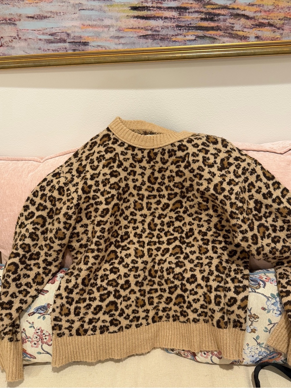 American Eagle Outfitters Tan and Brown Leopard Crewneck Sweater